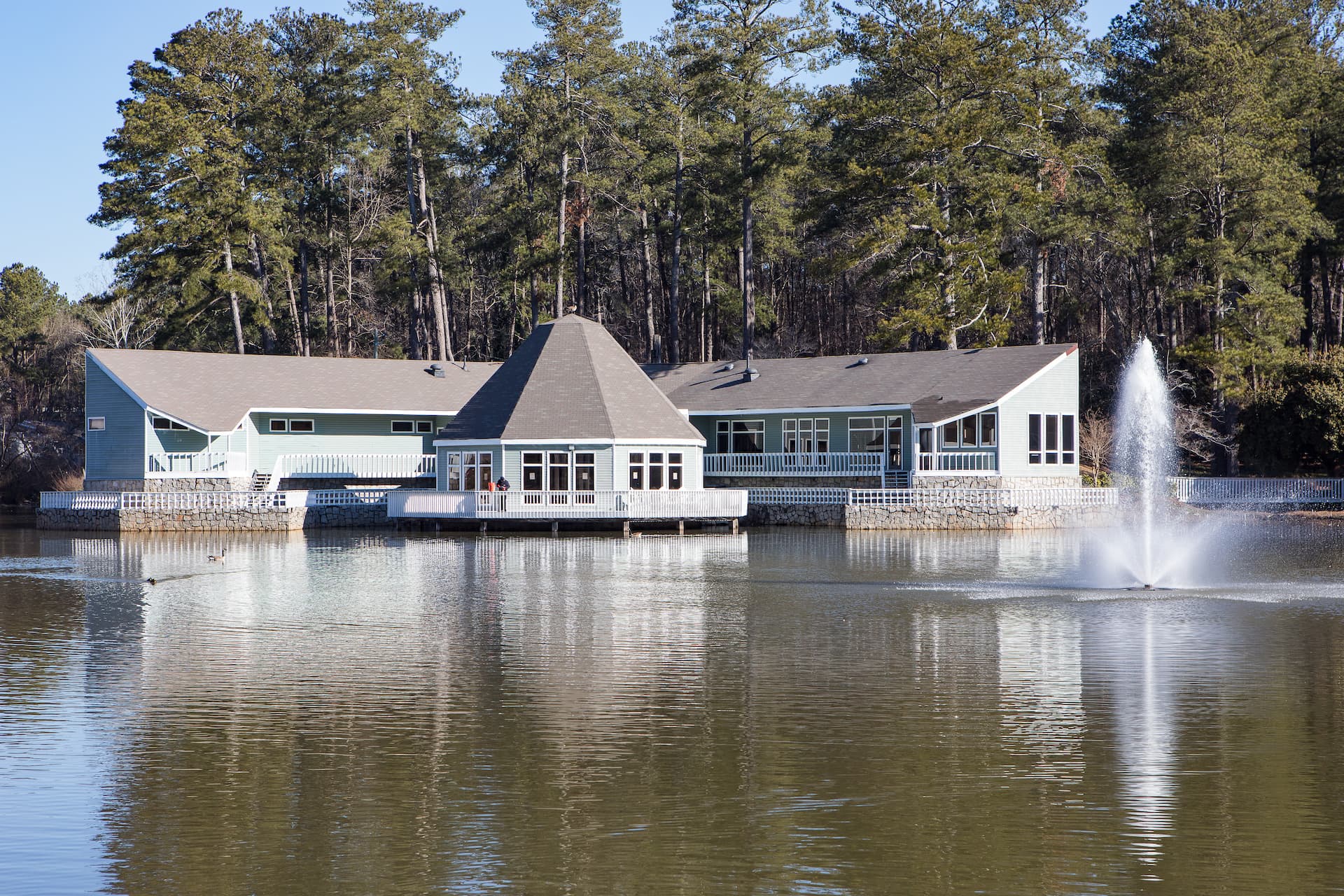 Clubhouse next to pond